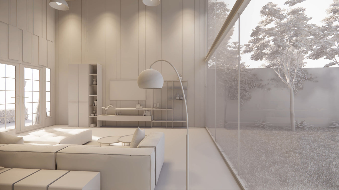 Modernes Wohnzimmer mit stilvoller Beleuchtung und minimalistischer Einrichtung – große Fenster, helle Farben und gemütliches Ambiente.